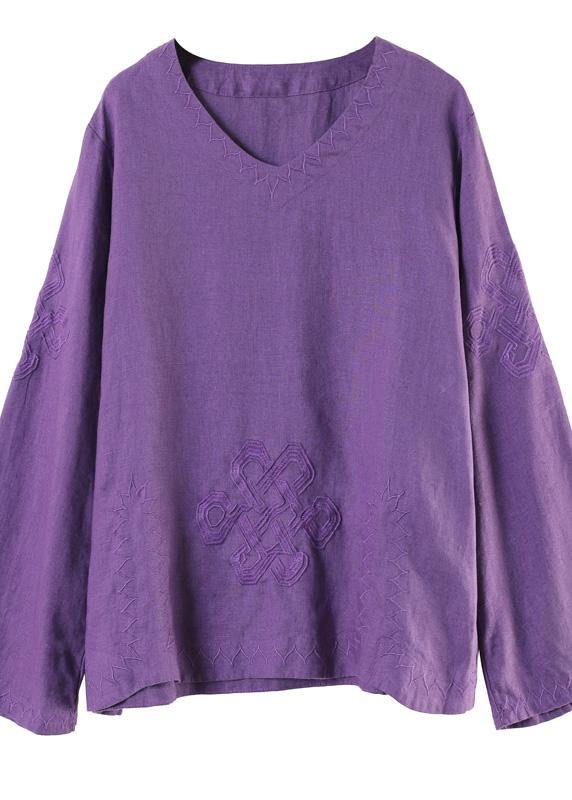 Art V Neck Embroidery Spring Purple Blouse