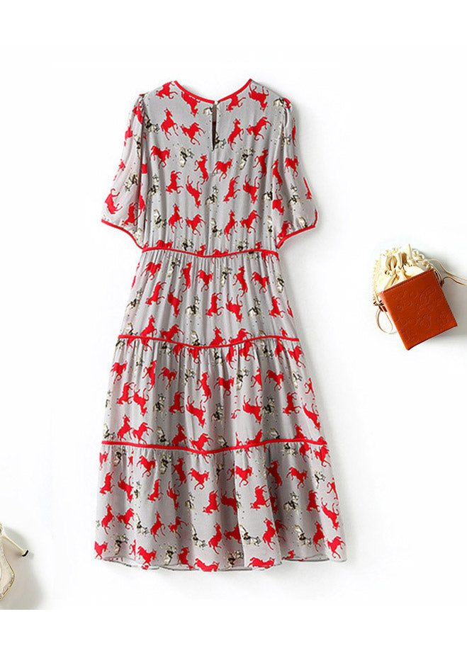Retro O-neck Print Patchwork Wrinkled Silk Mid Dress Short Sleeve
