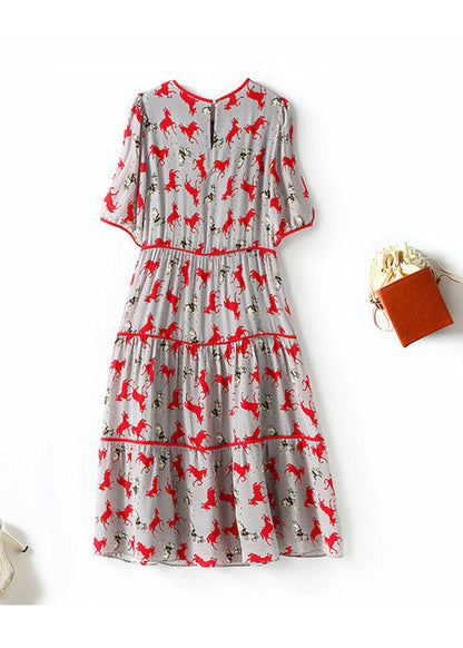 Retro O-neck Print Patchwork Wrinkled Silk Mid Dress Short Sleeve