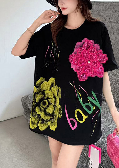 Black Graffiti Print Cotton Tanks Decorated Summer