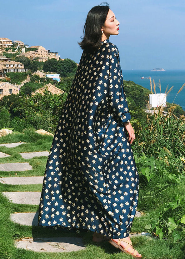 Navy V Neck Print Patchwork Silk Robe Dresses Fall