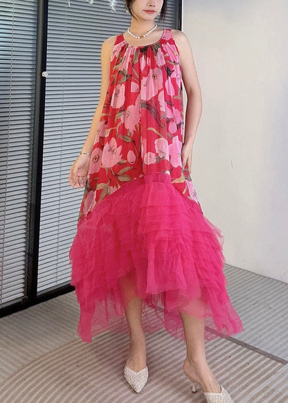 Red Asymmetrical Tulle Patchwork Dresses O-neck Summer