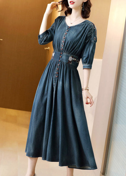 Blue O-neck Wrinkled Tunic Cotton Denim Maxi Dress Long Sleeve