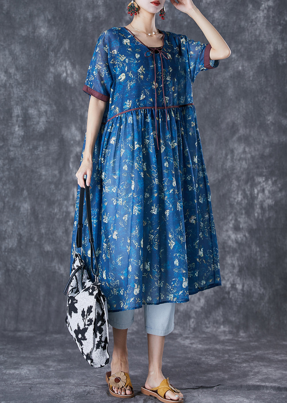 Navy Lace Up Tie Dye Linen Dresses Summer