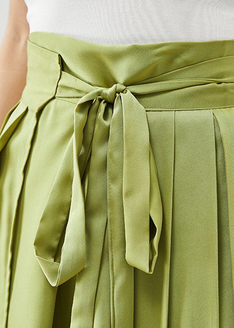 Diy Grass Green Tie Waist Silk a Line Skirts Fall