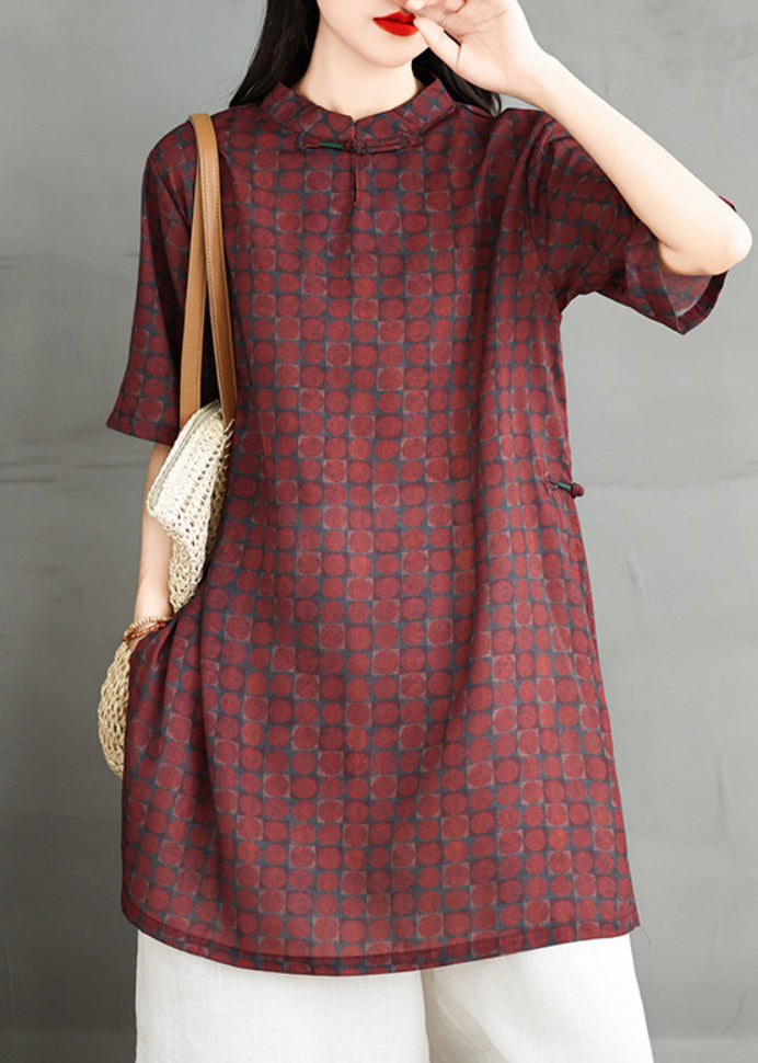 Red Stand Collar Print Side Open Cotton Dress Summer