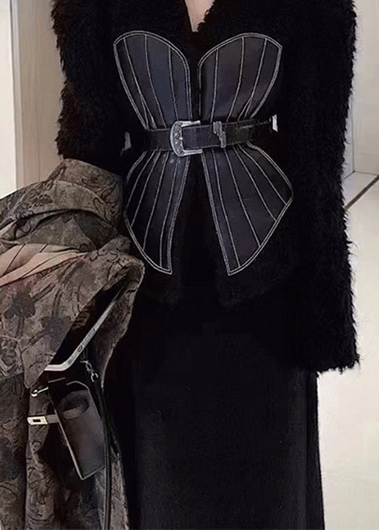French Black V Neck Tie Waist Patchwork Leather and Fur Coats Spring
