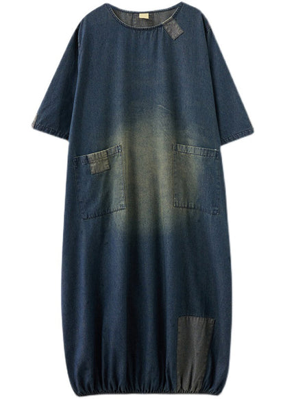 Baggy Blue O-neck Pockets Patchwork Denim Dresses Half Sleeve