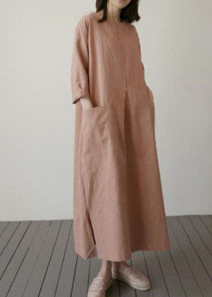 Brick Red Pockets Linen Long Dress Spring