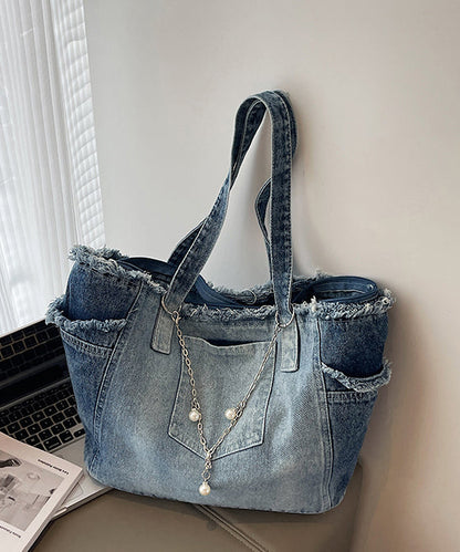Gradient Blue Tasseled Large Capacity Denim Shoulder Bags