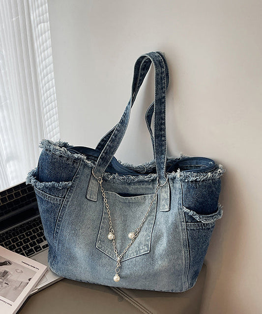 Gradient Blue Tasseled Large Capacity Denim Shoulder Bags