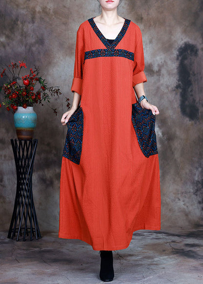 Orange V Neck Pockets Print Fall Long Sleeve Dresses