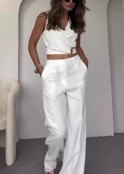New White V Neck Pockets Cotton Two Pieces Set Sleeveless