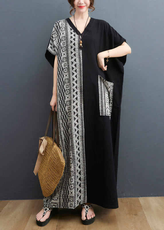 Black Colorblock V Neck Pocket Patchwork Holiday Dress Short Sleeve
