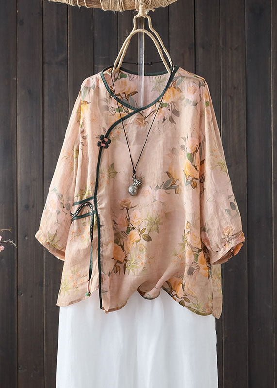 Khaki V Neck Print Button Patchwork Linen Shirts Summer