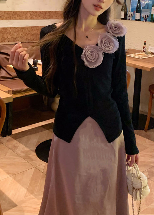 Black V Neck Knit Tops and Purple Skirts Two Pieces Set Fall
