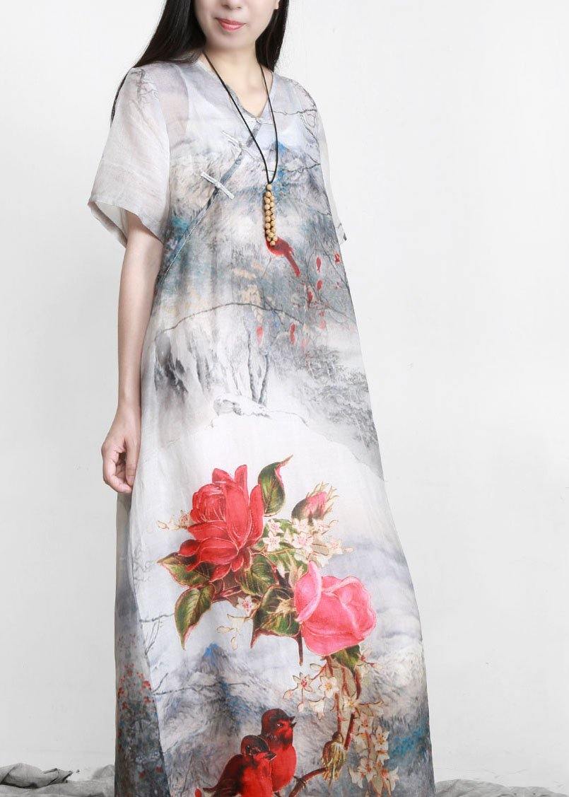 French White Print Linen Chinese Button Vacation Dresses