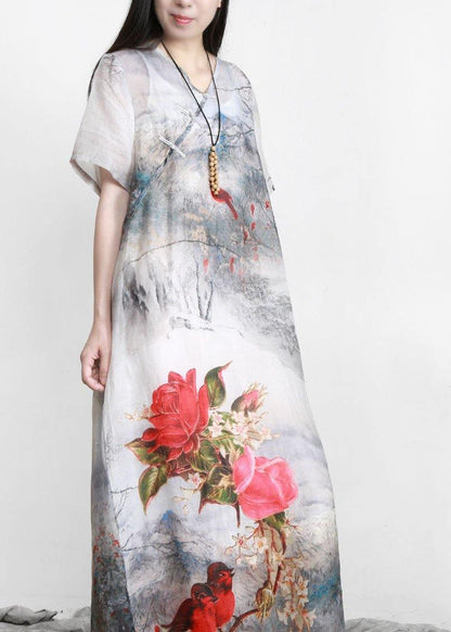 French White Print Linen Chinese Button Vacation Dresses