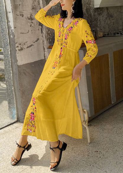 Yellow Embroidered Tie Waist Cotton Vacation Dresses Bracelet Sleeve