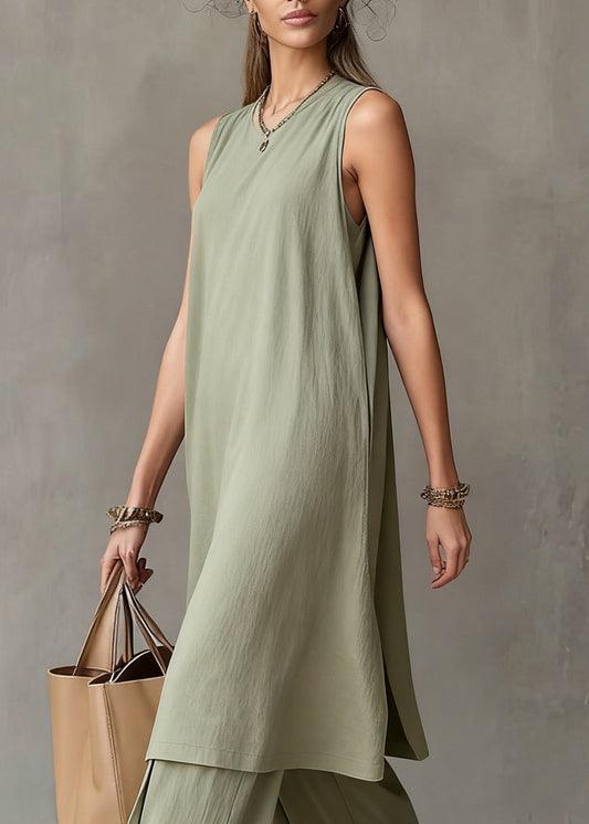 Simple Green O-neck Tank Dress and Wide Leg Pants Cotton Two Piece Set Sleeveless