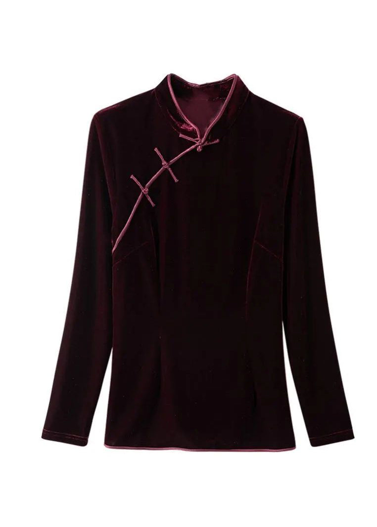 Mulberry Stand Collar Chinese Button Patchwork Velour Shirts Fall