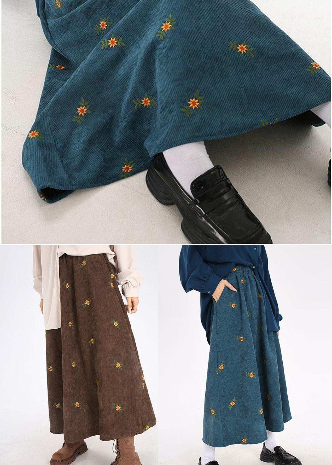 Peacock Blue Embroidered Corduroy Skirts Spring
