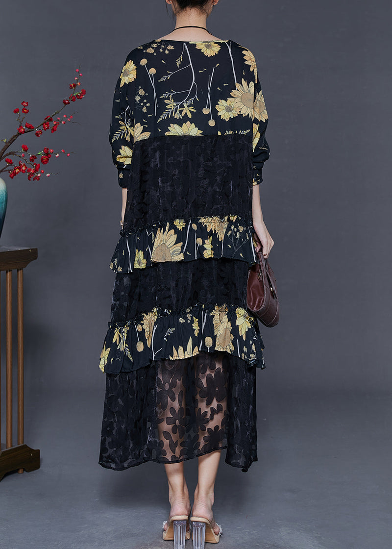 Black Print Patchwork Lace Vacation Dresses Fall