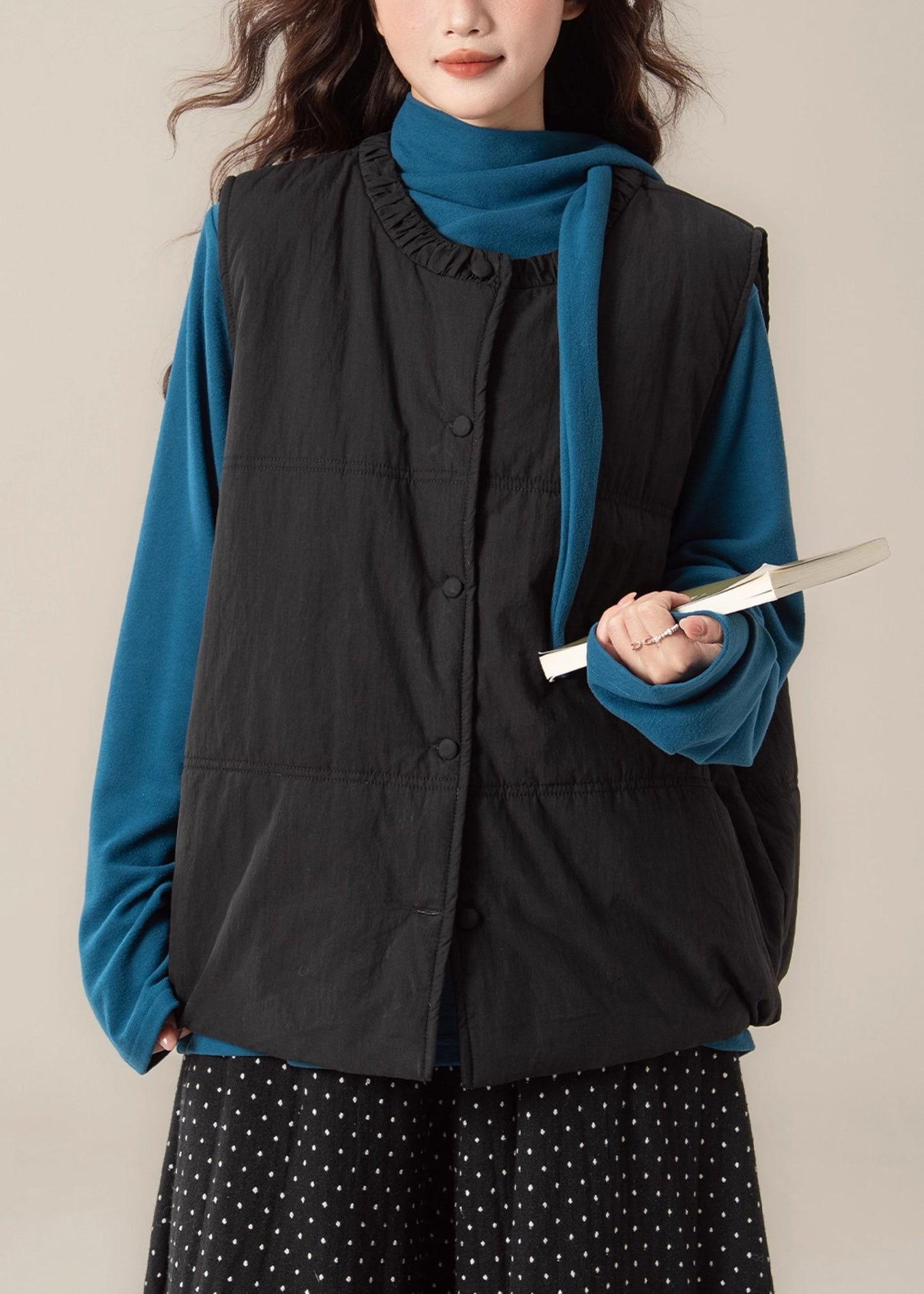 New Black Button Cotton Filled Waistcoat and Peacock Blue T Shirt Two Pieces Set
