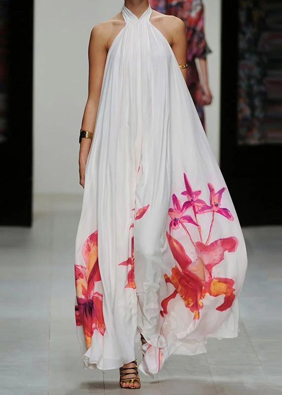 White Summer Sundress Halter Print Long Dresses