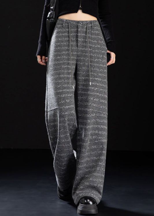 Grey Pockets Striped Woolen Wide Leg Pants Winter