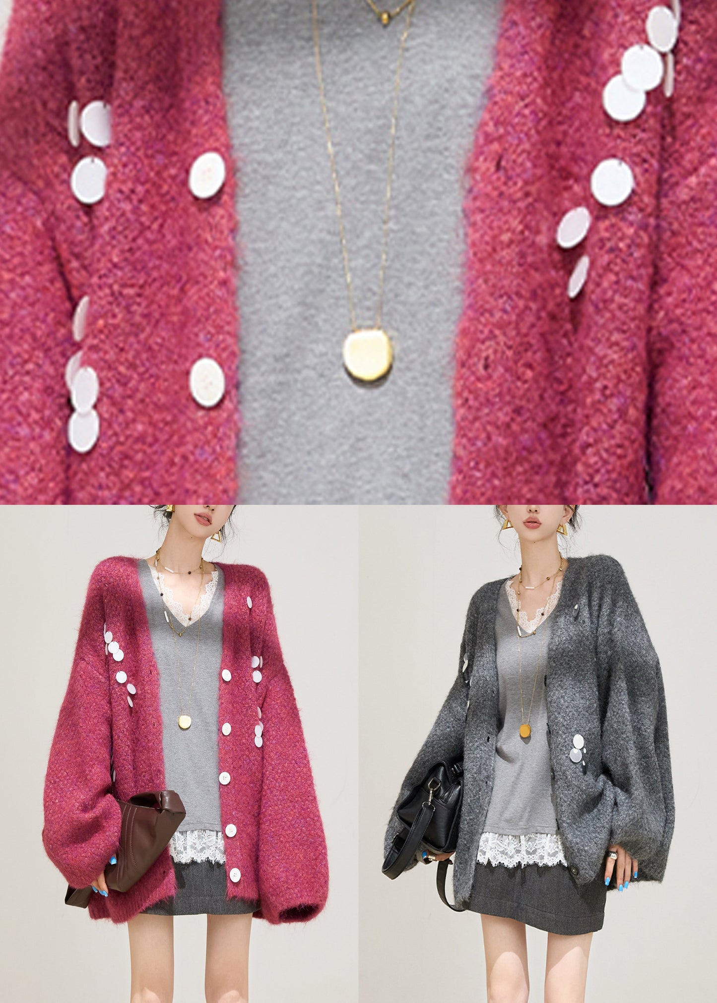 Stylish Purple V Neck Cotton Knit Cardigan Lantern Sleeve