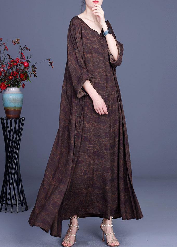 Style Chocolate Print V Neck Side Open Chiffon Dresses Summer