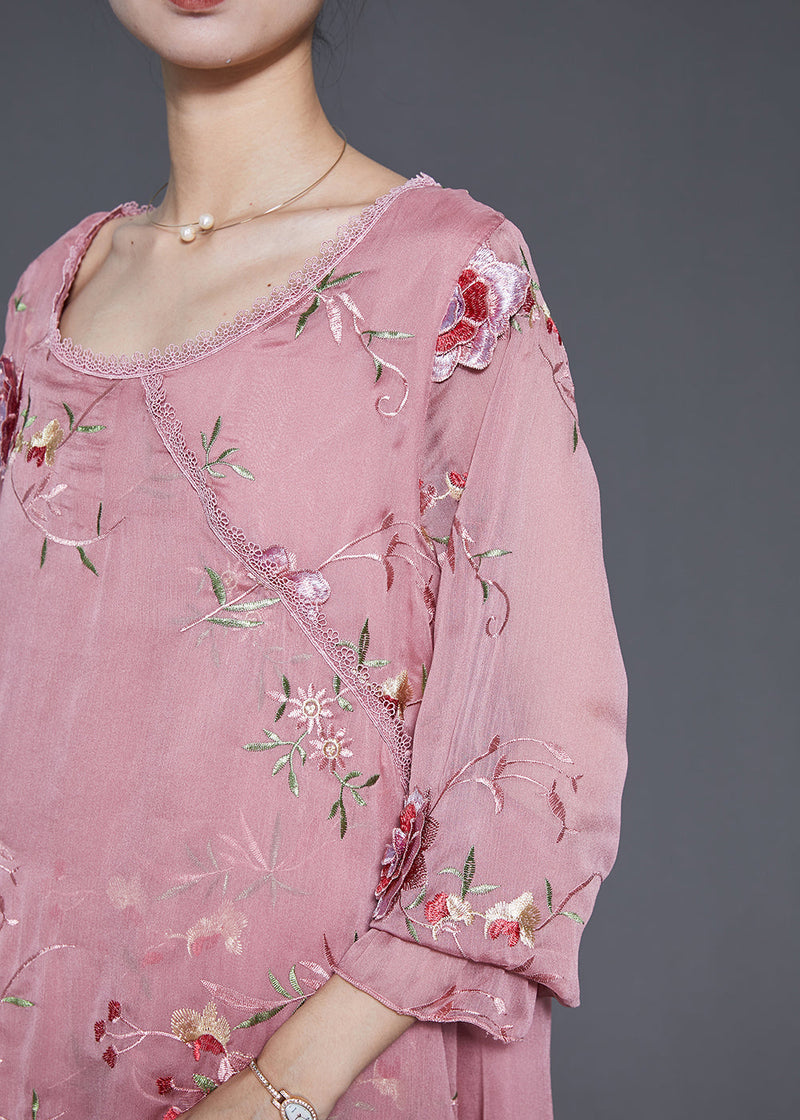 Simple Pink Asymmetrical Design Embroidered Silk Two Pieces Set Spring