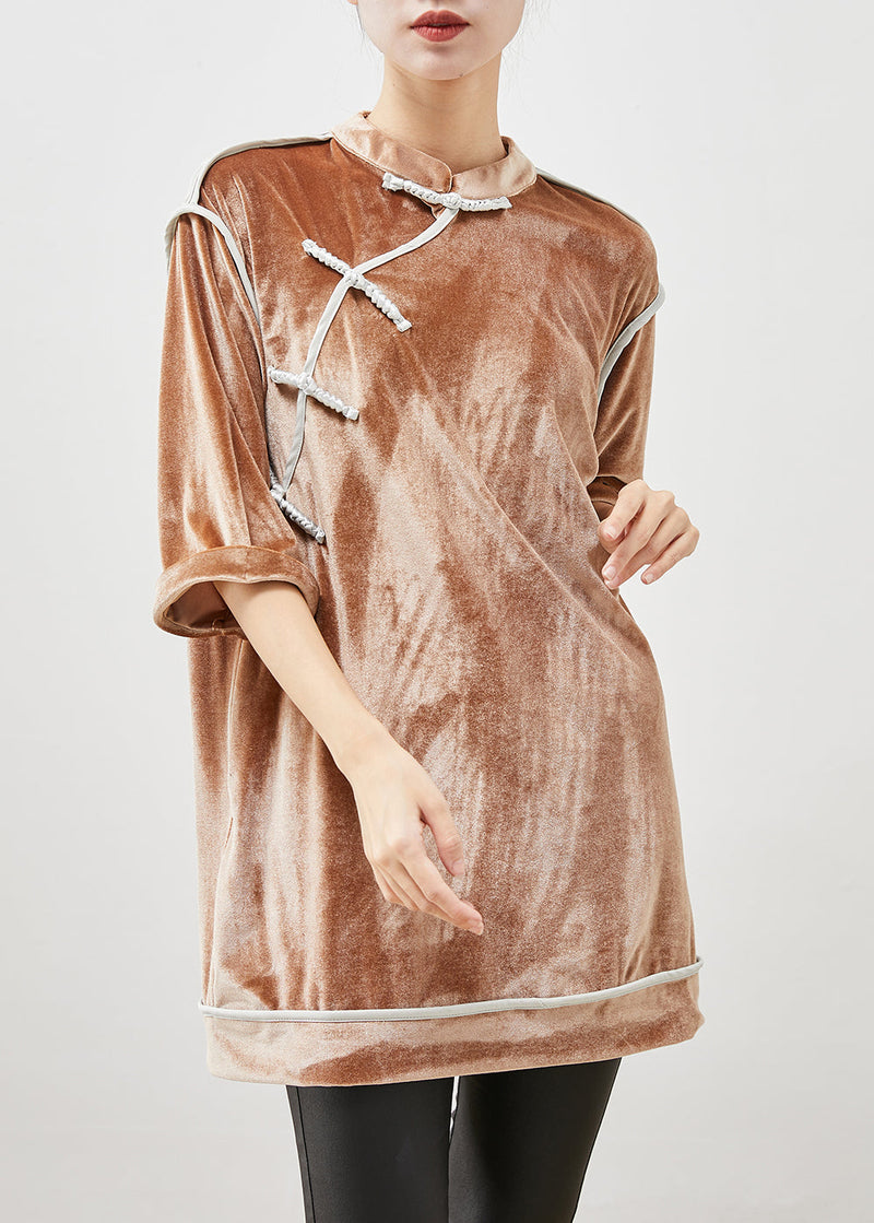 Khaki Mandarin Collar Chinese Button Silk Velour Shirt Top Half Sleeve