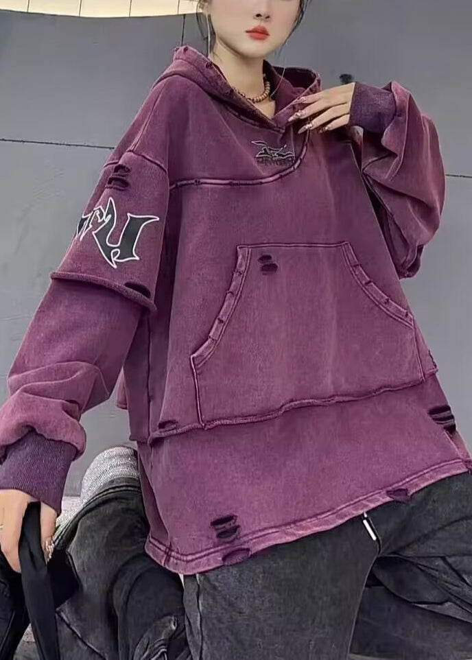 Purple Hooded Hole Pockets Cotton Sweatshirts Fall