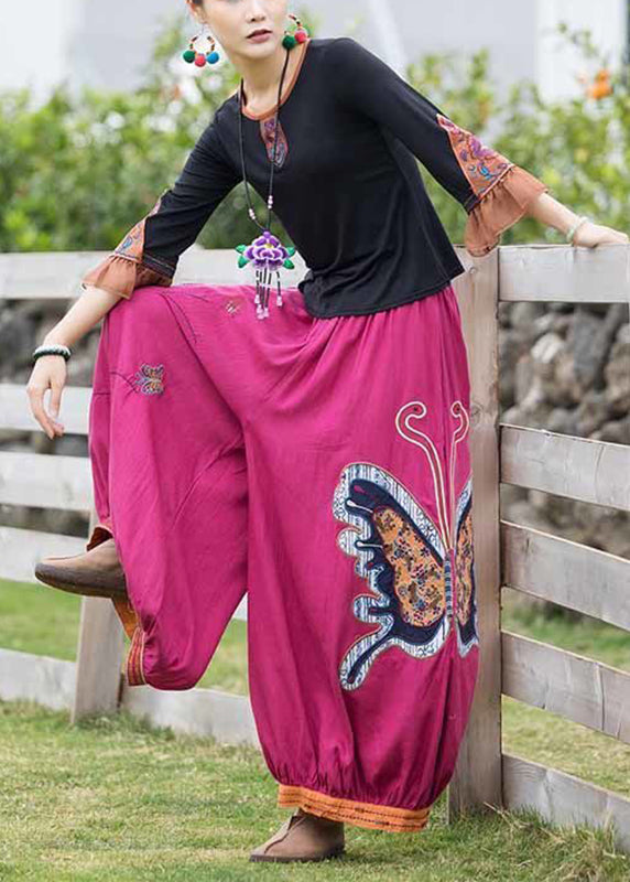Handmade Black Patchwork Earthy Yellow Embroideried Top and Lantern Pants Two Pieces Set Summer
