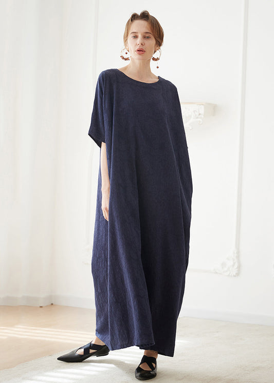 Italian Navy O Neck Jacquard Cotton Robe Dresses Summer