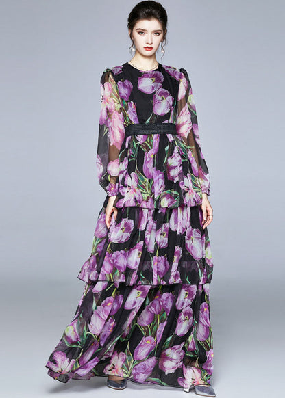 Boutique Purple Print O-neck Layered Design Chiffon Long Dresses Fall