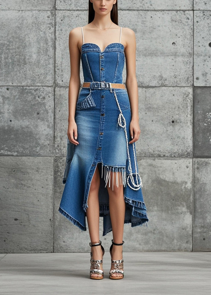 Blue Asymmetrical Design Silm Fit Denim Spaghetti Strap Dress Summer