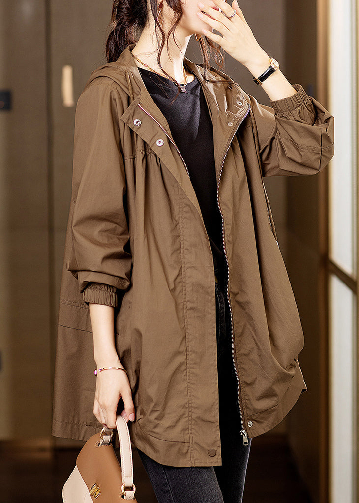Coffee Hooded Pockets Patchwork Cotton Coats Fall