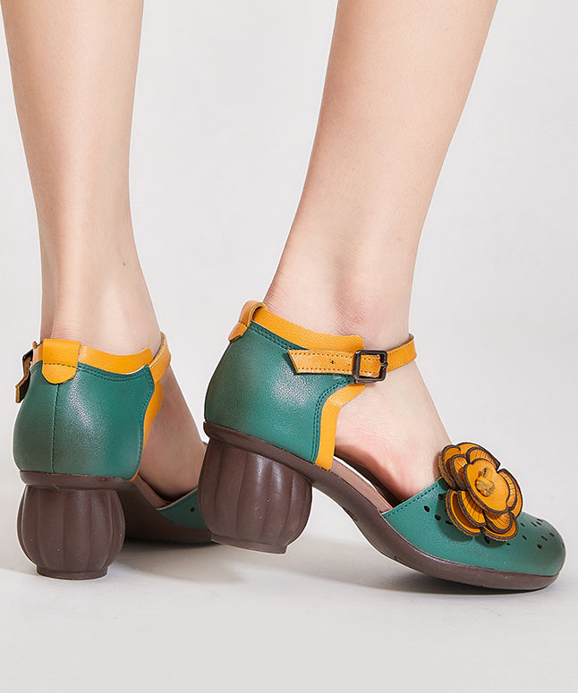 Hollow Out Chunky Heel Buckle Strap Brown Cowhide Leather