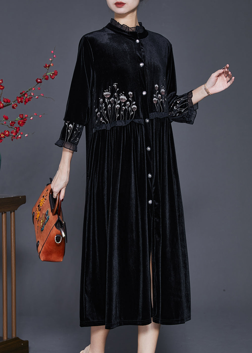Black Embroidered Patchwork Ruffled Silk Velour Dress Bracelet Sleeve