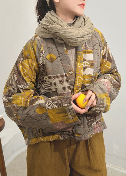 Yellow Print Pockets Patchwork Fine Cotton Filled Jackets Batwing Sleeve