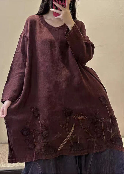 Black Text V Neck Embroidered Patchwork Linen Mid Dresses Fall