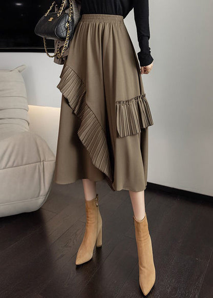 Khaki Asymmetrical Tassel Elastic Waist Silk a Line Skirts Fall