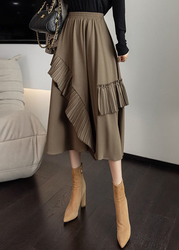 Khaki Asymmetrical Tassel Elastic Waist Silk a Line Skirts Fall