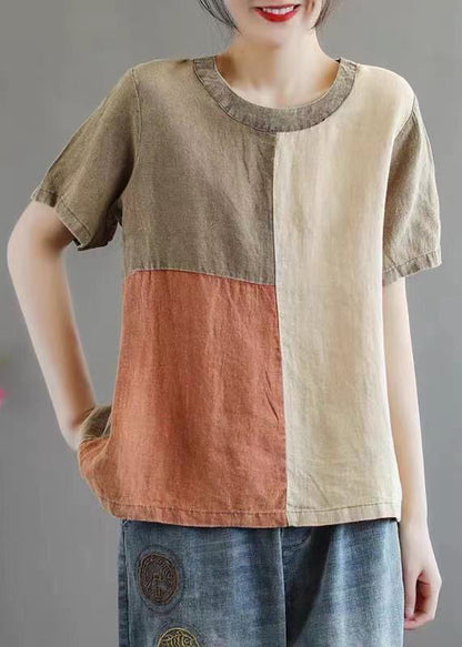 Khaki O Neck Patchwork Cotton Top Short Sleeve