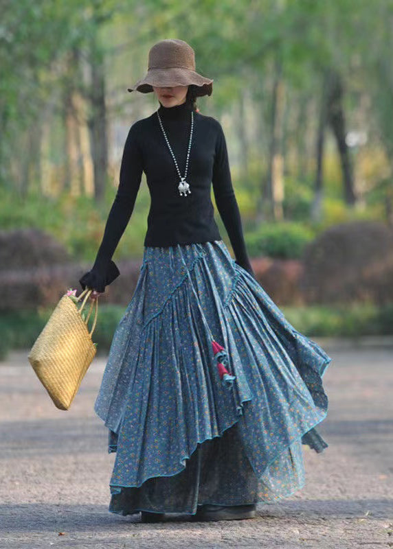 Blue Asymmetrical Print Elastic Waist Cotton Skirts Spring