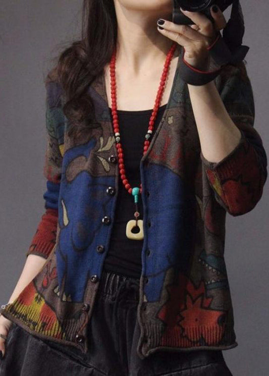 Coffee V Neck Print Button Knit Cardigan Spring