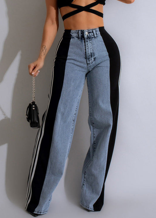 Stylish Black Striped Patchwork Denim Pants Spring